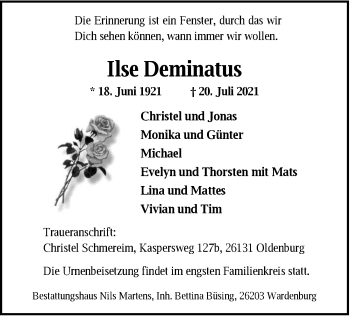 Traueranzeige von Ilse Deminatus von Nordwest-Zeitung