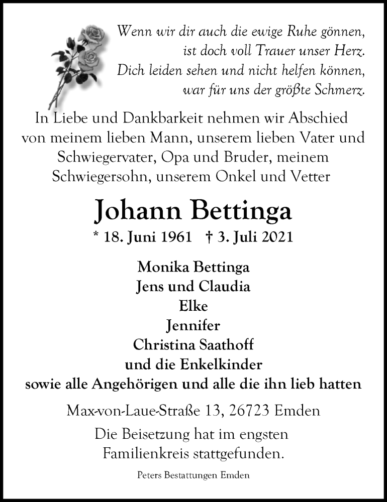  Traueranzeige für Johann Bettinga vom 17.07.2021 aus Emder Zeitung