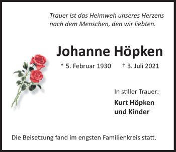 Traueranzeige von Johanne Höpken von Nordwest-Zeitung
