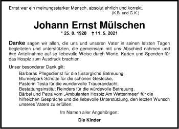 Traueranzeige von Johann Ernst Mülschen von Nordwest-Zeitung