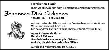 Traueranzeige von Johannes Dirk Cirksena von Emder Zeitung