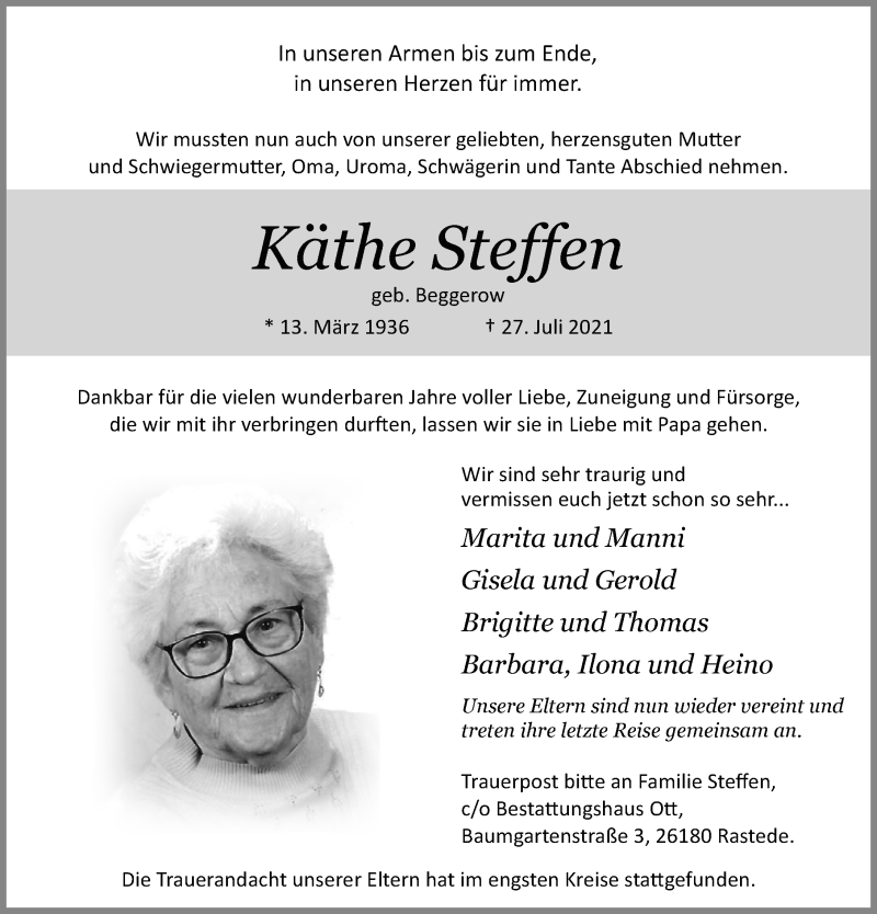  Traueranzeige für Käthe Steffen vom 31.07.2021 aus Nordwest-Zeitung
