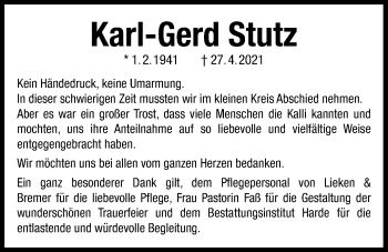 Traueranzeige von Karl-Gerd Stutz von Nordwest-Zeitung