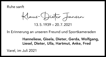 Traueranzeige von Klaus-Dieter Jansen von Nordwest-Zeitung