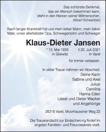 Traueranzeige von Klaus-Dieter Jansen von Nordwest-Zeitung