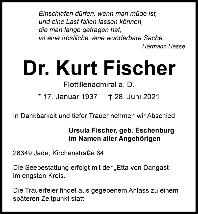  Traueranzeige für Kurt Fischer vom 03.07.2021 aus Nordwest-Zeitung