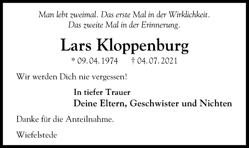  Traueranzeige für Lars Kloppenburg vom 24.07.2021 aus Nordwest-Zeitung