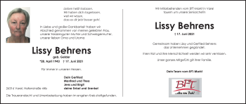 Traueranzeige von Lissy Behrens von Nordwest-Zeitung
