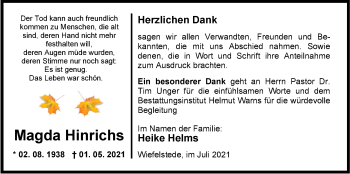 Traueranzeige von Magda  Hinrichs von Nordwest-Zeitung