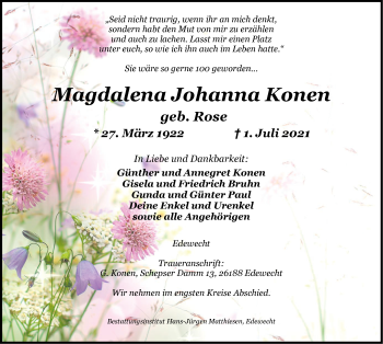 Traueranzeige von Magdalena Konen von Nordwest-Zeitung