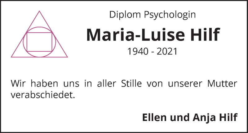  Traueranzeige für Maria-Luise Hilf vom 07.07.2021 aus Nordwest-Zeitung