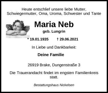 Traueranzeige von Maria Neb von Nordwest-Zeitung