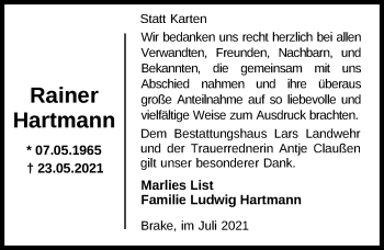 Traueranzeige von Rainer Hartmann von Nordwest-Zeitung