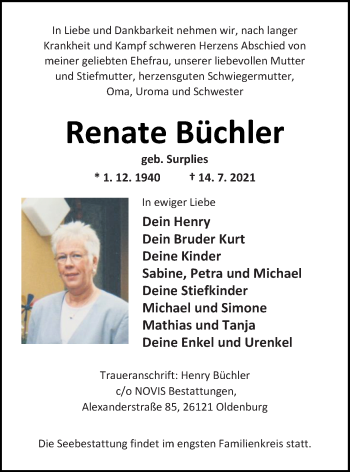 Traueranzeige von Renate Büchler von Nordwest-Zeitung