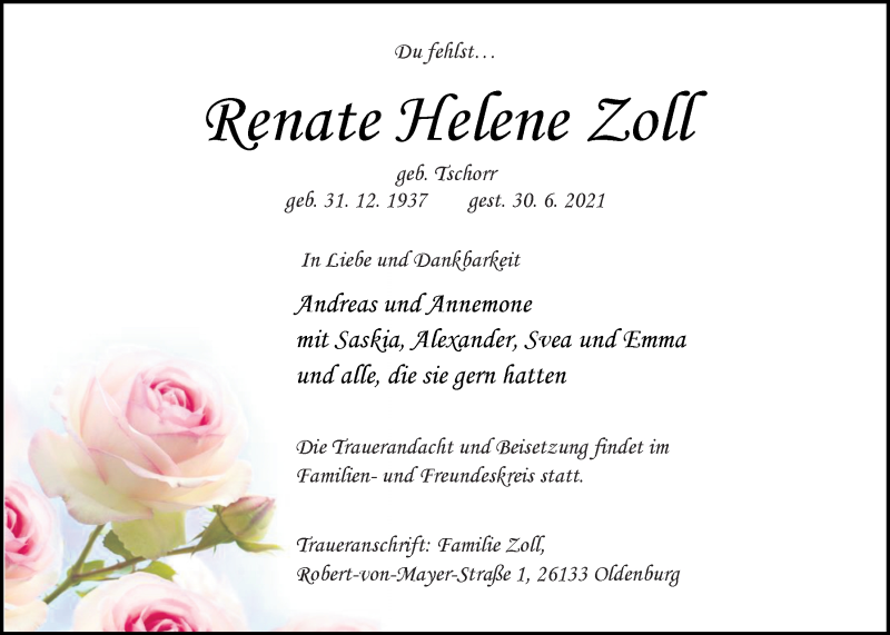  Traueranzeige für Renate Helene Zoll vom 03.07.2021 aus Nordwest-Zeitung