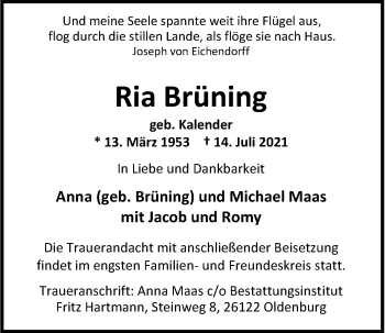 Traueranzeige von Ria Brüning von Nordwest-Zeitung