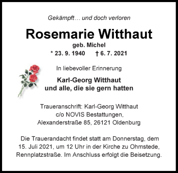 Traueranzeige von Rosemarie Witthaut von Nordwest-Zeitung