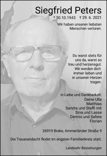Traueranzeige von Siegfried Peters von Nordwest-Zeitung
