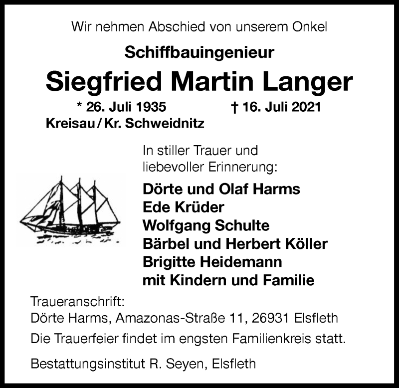  Traueranzeige für Siegfried Martin Langer vom 21.07.2021 aus Nordwest-Zeitung
