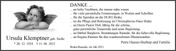 Traueranzeige von Ursula Klemptner von Nordwest-Zeitung