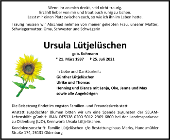 Traueranzeige von Ursula Lütjelüschen von Nordwest-Zeitung