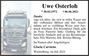 Traueranzeige von Uwe Osterloh von Nordwest-Zeitung