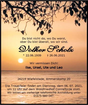 Traueranzeige von Volker Scholz von Nordwest-Zeitung