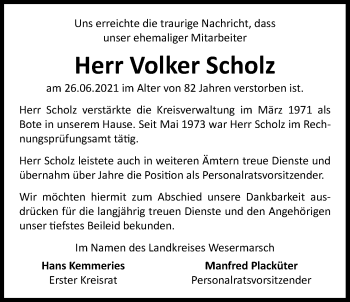 Traueranzeige von Volker Scholz von Nordwest-Zeitung