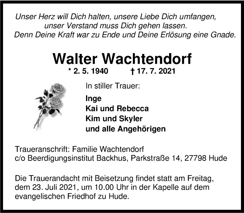  Traueranzeige für Walter Wachtendorf vom 20.07.2021 aus Nordwest-Zeitung