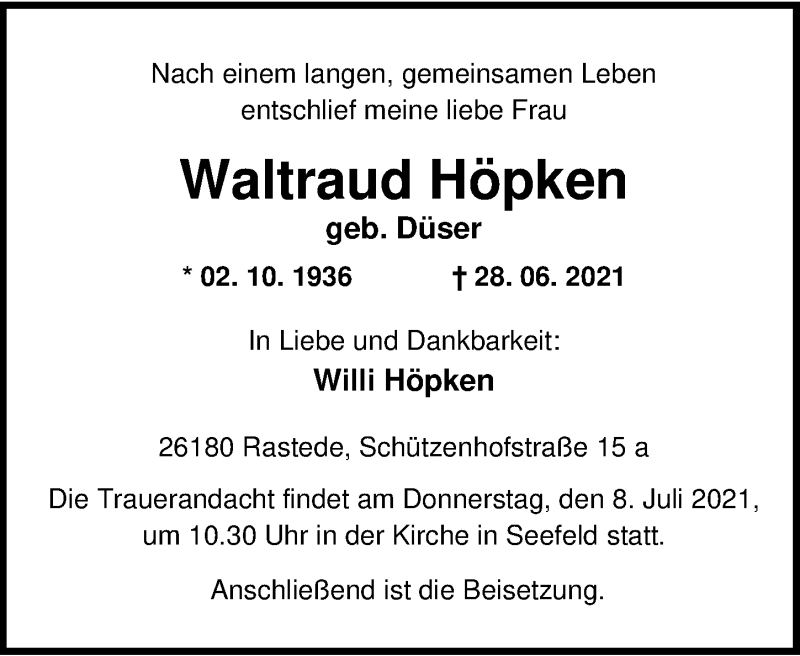  Traueranzeige für Waltraud Höpken vom 02.07.2021 aus Nordwest-Zeitung