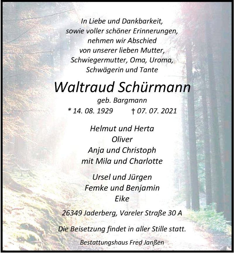  Traueranzeige für Waltraud Schürmann vom 10.07.2021 aus Nordwest-Zeitung
