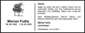 Traueranzeige von Werner Fuths von Nordwest-Zeitung