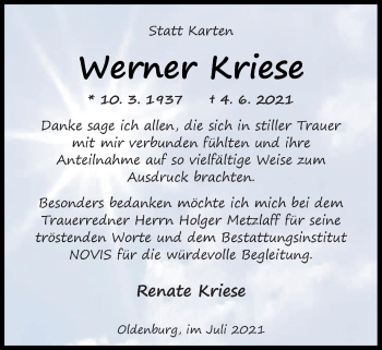 Traueranzeige von Werner Kriese von Nordwest-Zeitung