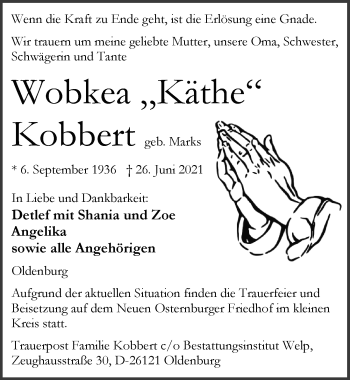 Traueranzeige von Wobkea Kobbert von Nordwest-Zeitung