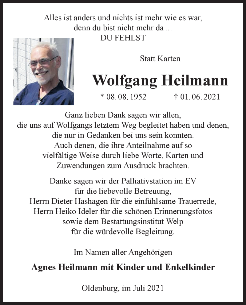  Traueranzeige für Wolfgang Heilmann vom 10.07.2021 aus Nordwest-Zeitung