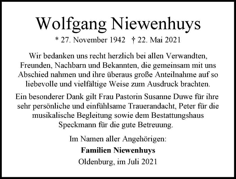  Traueranzeige für Wolfgang Niewenhuys vom 17.07.2021 aus Nordwest-Zeitung