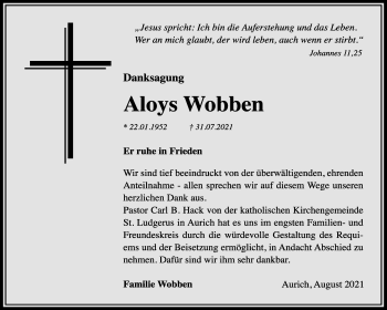 Traueranzeige von Aloys Wobben von Nordwest-Zeitung