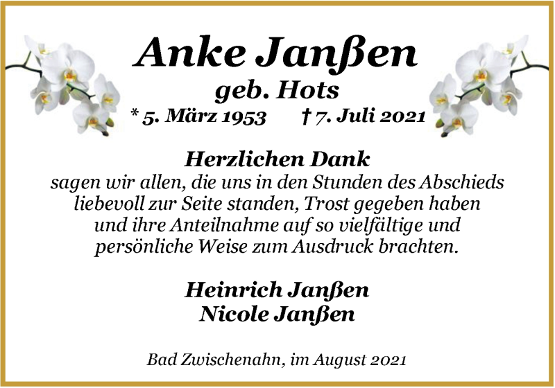  Traueranzeige für Anke Janßen vom 19.08.2021 aus Nordwest-Zeitung