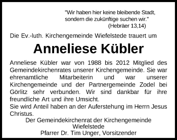 Traueranzeige von Anneliese Amke Kübler von Nordwest-Zeitung