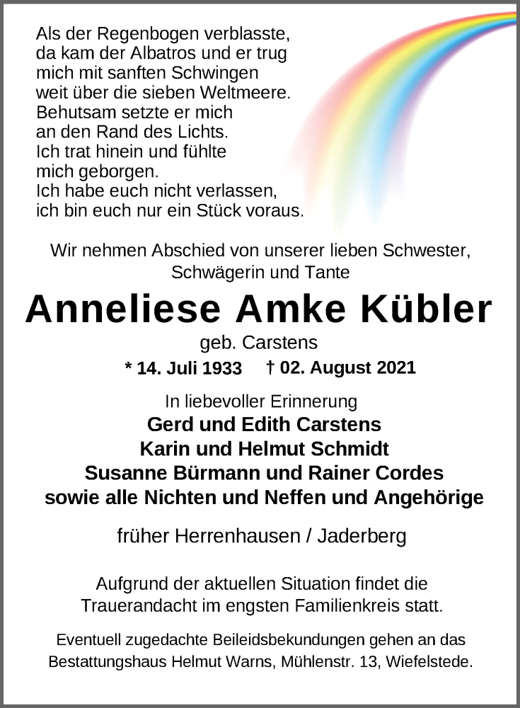  Traueranzeige für Anneliese Amke Kübler vom 16.08.2021 aus Nordwest-Zeitung