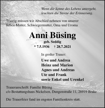 Traueranzeige von Anni Büsing von Nordwest-Zeitung