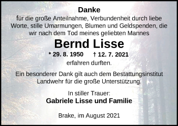 Traueranzeige von Bernd Lisse von Nordwest-Zeitung