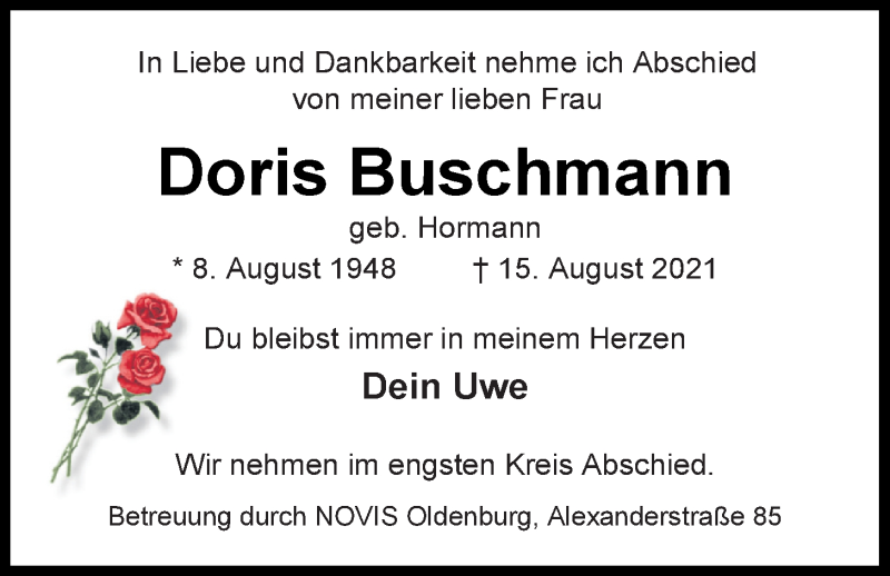  Traueranzeige für Doris Buschmann vom 28.08.2021 aus Nordwest-Zeitung