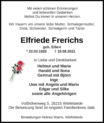 Traueranzeige von Elfriede Frerichs von Nordwest-Zeitung