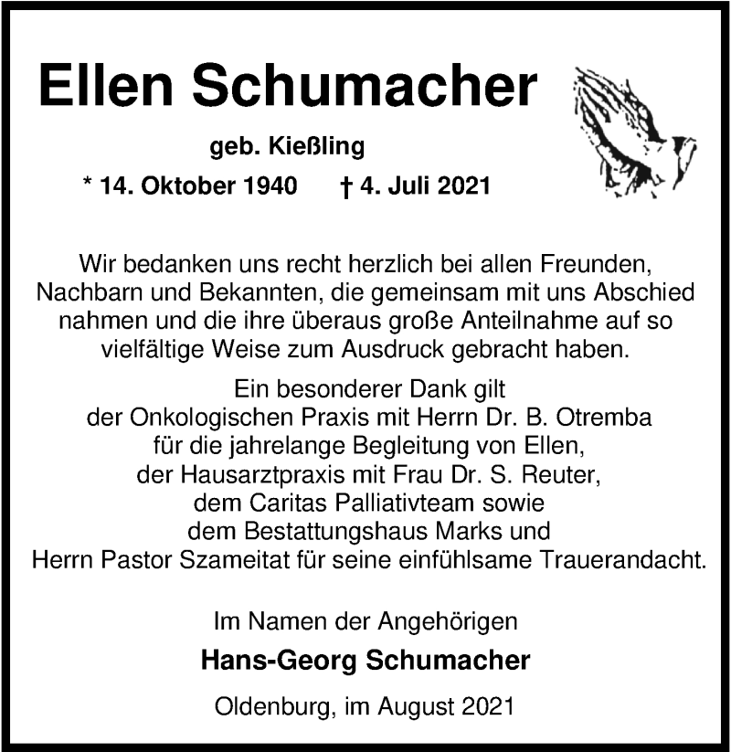  Traueranzeige für Ellen Schumacher vom 12.08.2021 aus Nordwest-Zeitung
