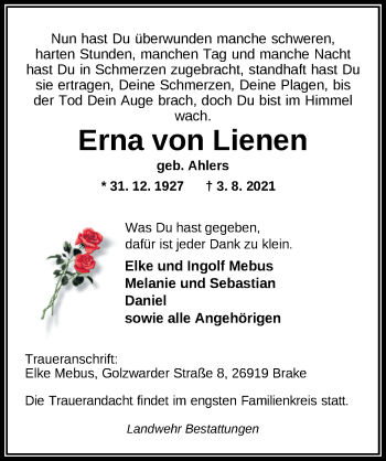 Traueranzeige von Erna von Lienen von Nordwest-Zeitung