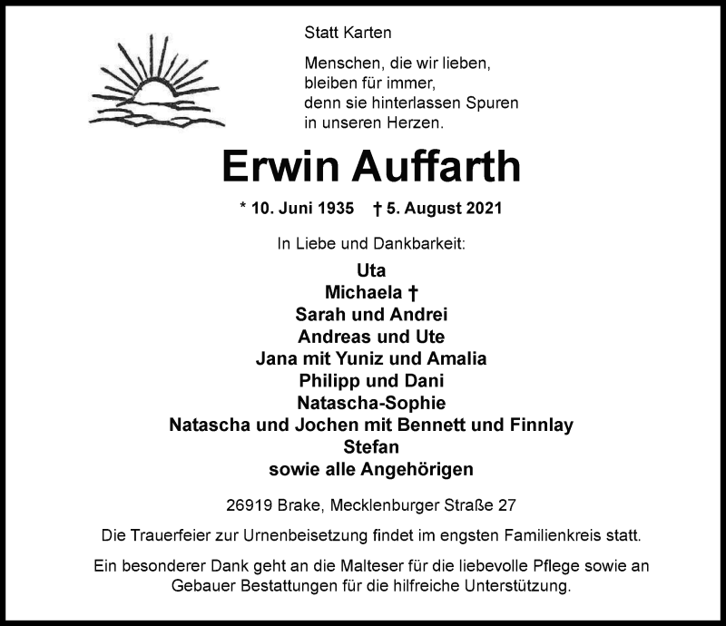  Traueranzeige für Erwin Auffarth vom 13.08.2021 aus Nordwest-Zeitung