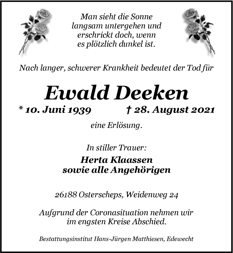  Traueranzeige für Ewald Deeken vom 01.09.2021 aus Nordwest-Zeitung