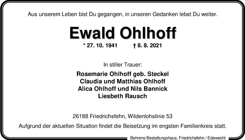  Traueranzeige für Ewald Ohlhoff vom 11.08.2021 aus Nordwest-Zeitung
