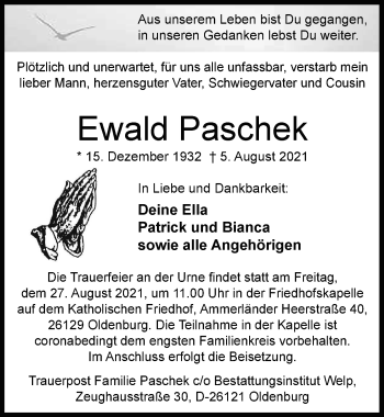 Traueranzeige von Ewald Paschek von Nordwest-Zeitung